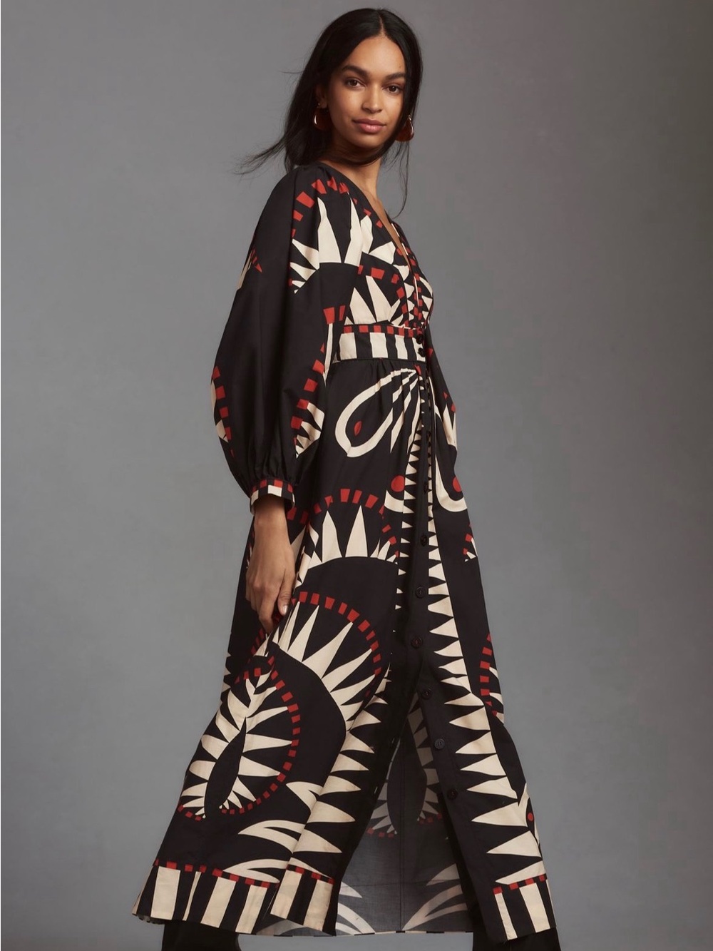FARM Rio Black, Ivory & Red Geometric Button-Front Maxi Dress - Picture 3 of 5